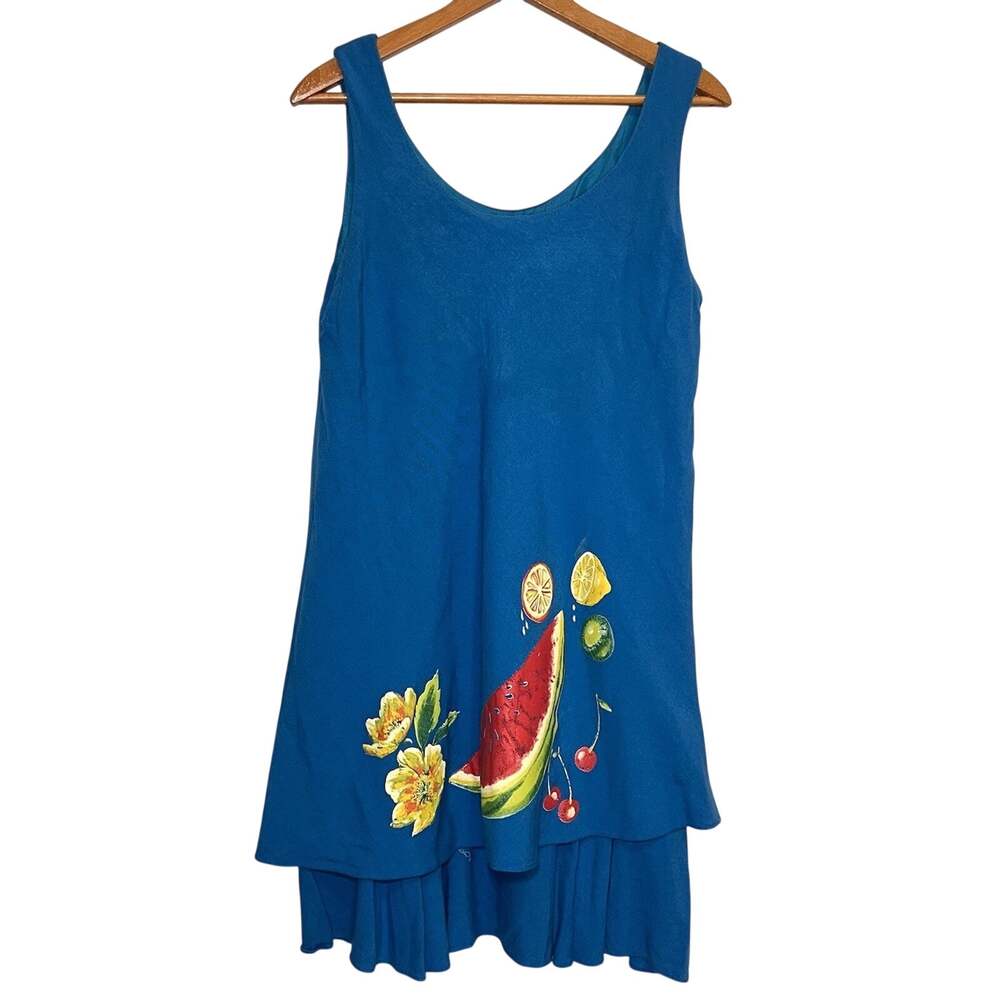 Jeffrey and Dara Dress Size 14 Blue Fruit Print Layered Shift Tank Vintage 90s